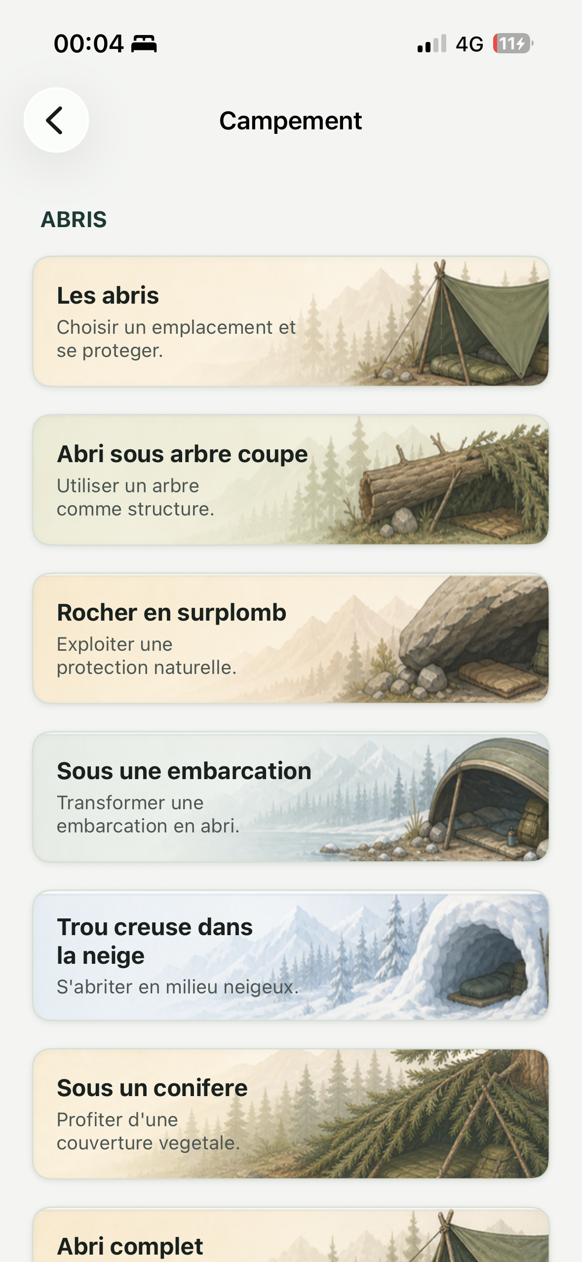 Menu Campement avec abris illustrés