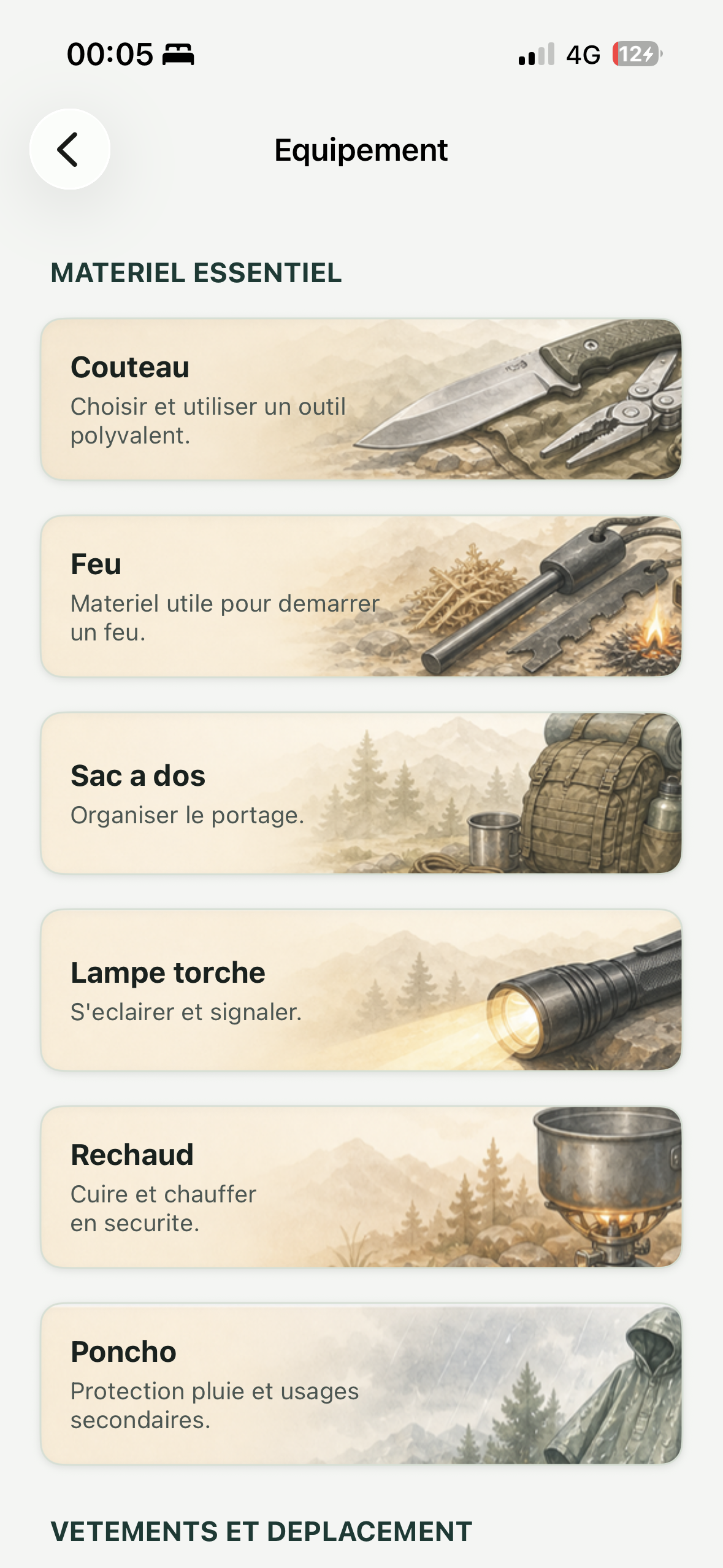 Menu équipement avec matériel essentiel