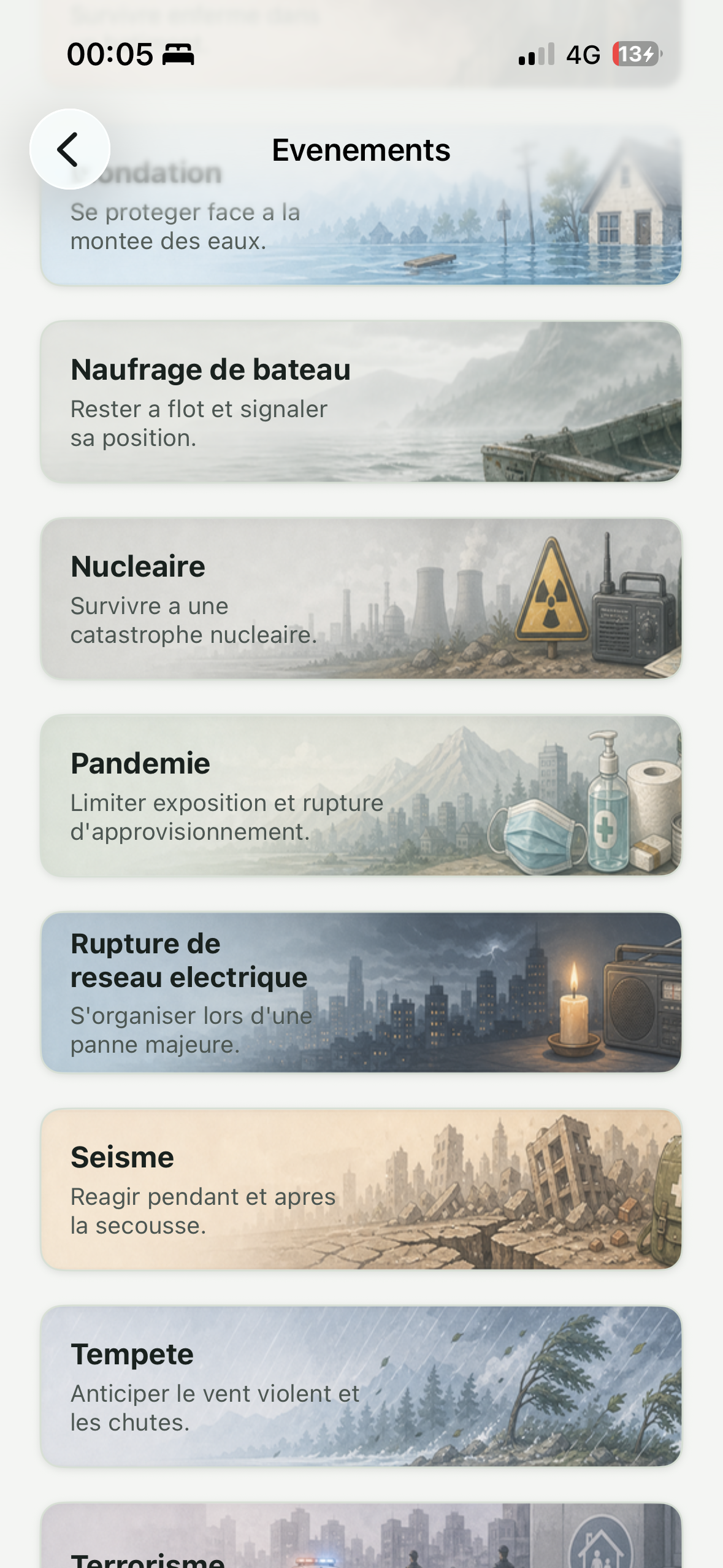 Menu événements avec pandémie, nucléaire, tempête et séisme