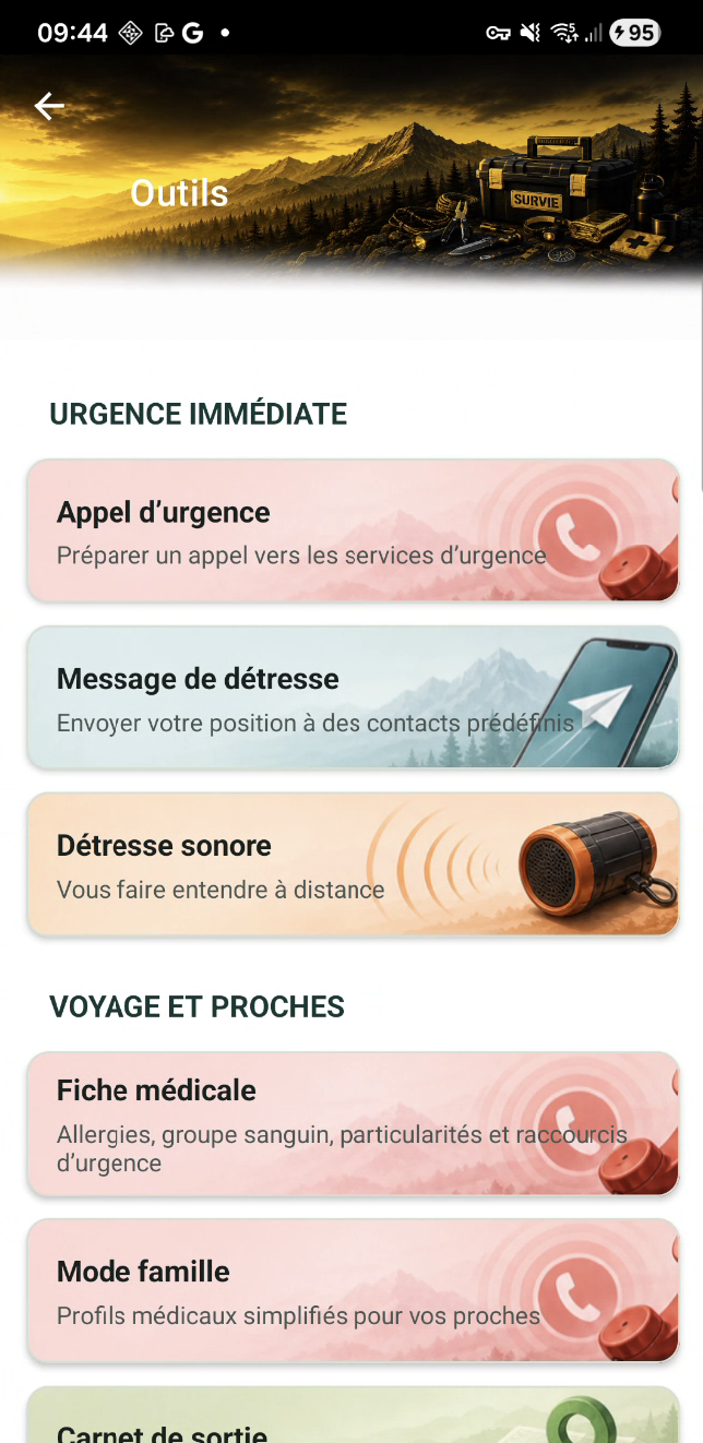 Écran Outils et urgences